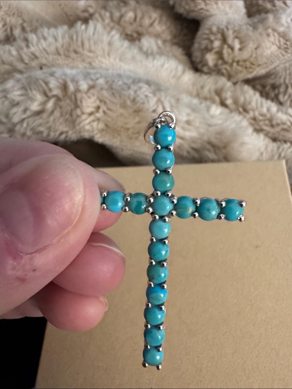Kingman Turquoise Bead Cross Pendant - Blue 925 Sterling Silver - Picture 2 of 3